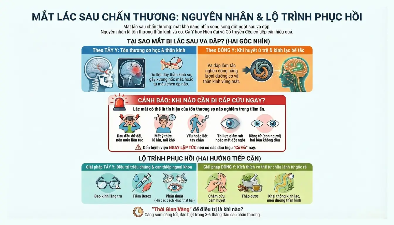 Mắt lác sau chấn thương, va đập, phẫu thuật vùng mặt