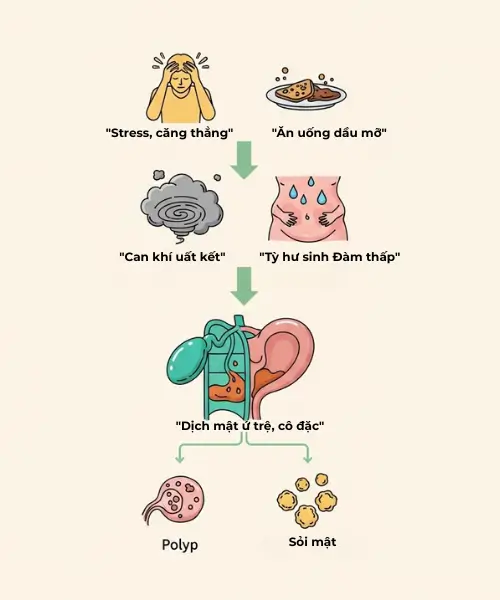 Sơ đồ Y học cổ truyền giải thích nguyên nhân chung của polyp và sỏi mật do Can khí uất kết và Tỳ hư sinh Đàm thấp.
