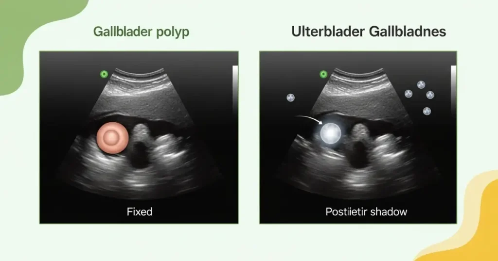 Hình ảnh siêu âm phân biệt polyp túi mật (cố định, không bóng lưng) và sỏi mật (di động, có bóng lưng).