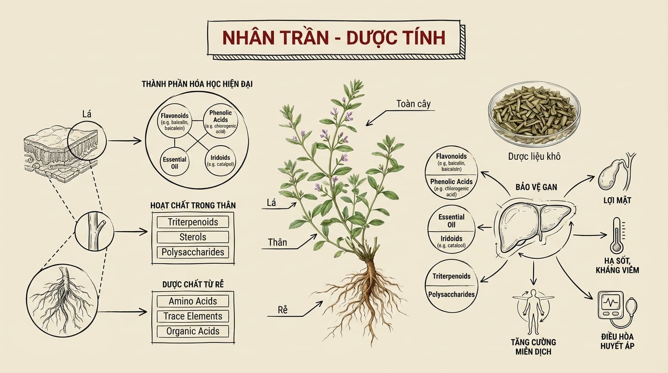 Nhân Trần: Vị Thuốc Thanh Nhiệt Lợi Thấp – “Thánh Dược” Trị Chứng Hoàng Đản Của Đông Y 2. Phân Tích Dược Tính Của Nhân Trần Theo Y Học Hiện Đại