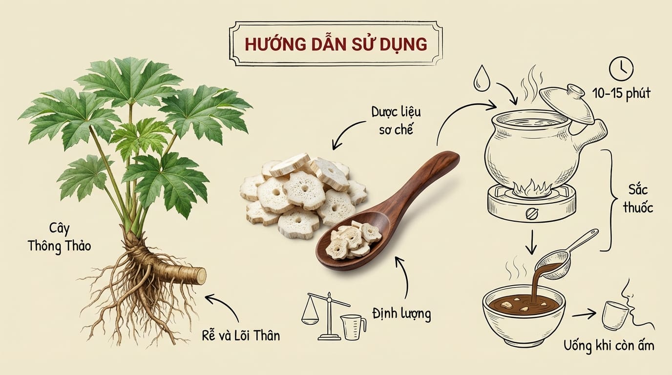 Thông Thảo (通草): Vị thuốc Thanh Nhiệt Lợi Thủy “Bảo Bối” Cho Phụ Nữ Sau Sinh Giúp Thông Tia, Lợi Sữa 4. Hướng Dẫn Sử Dụng Thông Thảo An Toàn và Hiệu Quả