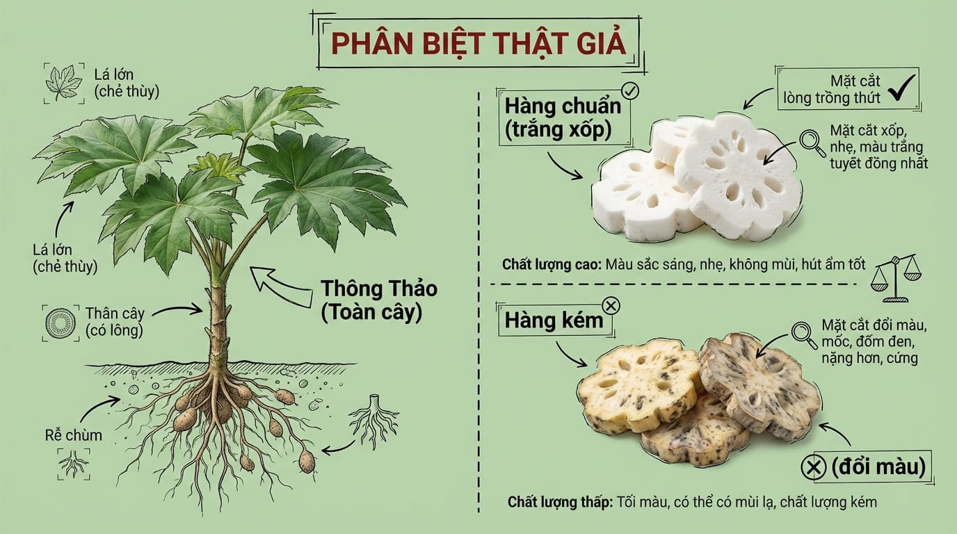 Thông Thảo (通草): Vị thuốc Thanh Nhiệt Lợi Thủy “Bảo Bối” Cho Phụ Nữ Sau Sinh Giúp Thông Tia, Lợi Sữa 5. Cẩm Nang Chuyên Gia: Chọn Mua & Phân Biệt Thông Thảo Thật - Giả